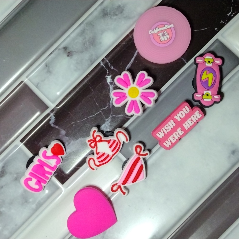 Pink Themed Shoe Charms Set of 8 Heart, Bikini, Flower, Record, Skateboard NEW